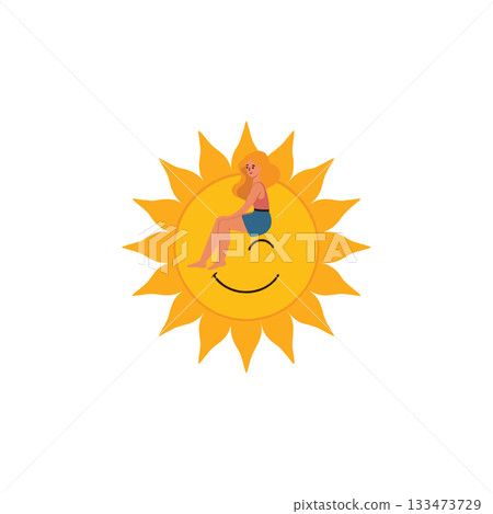 Whimsical summer daydreaming of a carefree girl sitting on a happy sun with golden rays shining 133473729