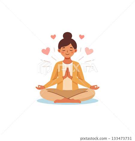 Serene mindfulness moment illustration featuring a woman meditating surrounded by hearts Serene mindfulness moment illustration featuring a woman meditating surrounded by hearts 133473731