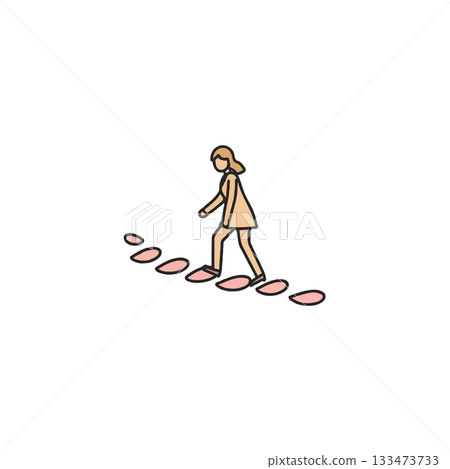 Illustration depicting a woman following a path of stylized footprints symbolizing progress and Illustration depicting a woman following a path of stylized footprints symbolizing progress and 133473733