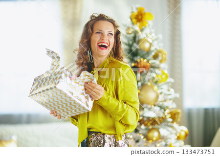 Smiling Woman with Partially Opened Christmas Gift Smiling Woman with Partially Opened Christmas Gift 133473751
