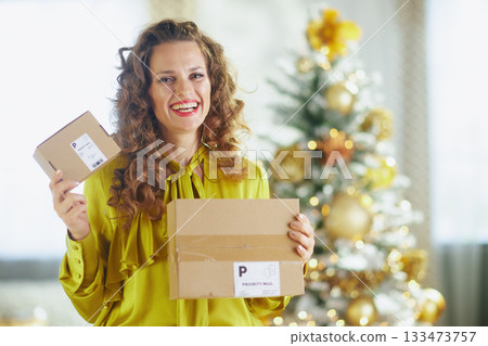 Woman with Holiday Deliveries by Christmas Tree 133473757