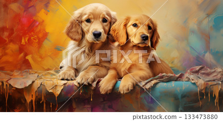 golden retriever dog lying on a snowy floor 133473880