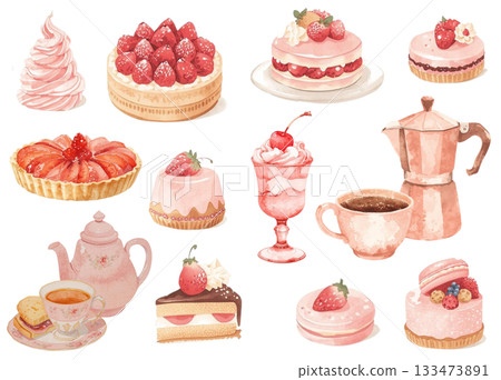 Watercolor style stylish cafe illustration set 133473891