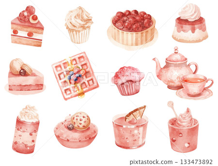 水彩風格時尚甜點插畫組(粉紅色) 水彩風格時尚甜點插畫組(粉紅色) 133473892