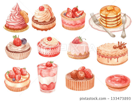 水彩風格時尚甜點插畫組(粉紅色) 水彩風格時尚甜點插畫組(粉紅色) 133473893