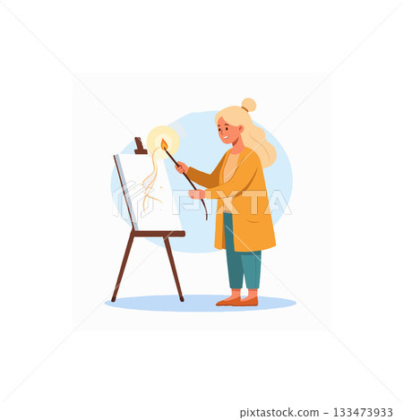 Creative artist at work a woman painting picture on a canvas creating art with her paintbrush in 133473933