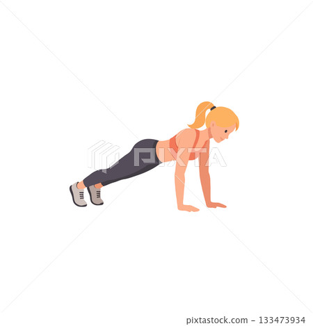 Blonde woman illustration demonstrating a push up exercise on a white background for fitness 133473934