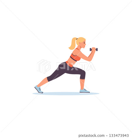 Active blonde woman in sportswear doing a dynamic lunge exercise with dumbbells on a white 133473943