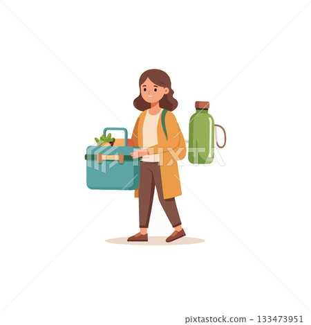 Woman carrying a reusable lunchbox and water bottle promoting sustainability and eco-friendly 133473951