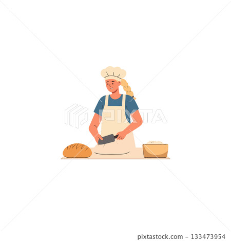 Female chef preparing baked bread using knife in modern kitchen for small business concept 133473954