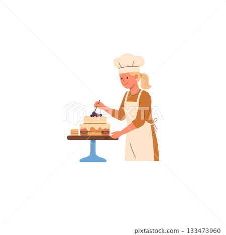 Illustrative depiction of a baker decorating a cake with a cherry in a minimalist style and Illustrative depiction of a baker decorating a cake with a cherry in a minimalist style and 133473960
