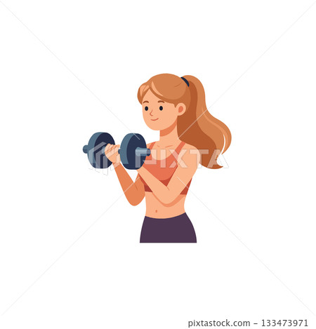 Cartoon girl lifting dumbbell in fitness workout for strength gain to keep body strong and healthy 133473971