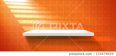 Modern bathroom shelf mounted on orange tile wall Modern bathroom shelf mounted on orange tile wall 133474039