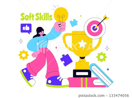 Office Workers Demonstrating Soft Skills Vector Illustration Such as Empathy, Communication, Idea Development, Teamwork, and Professional Growth 133474056