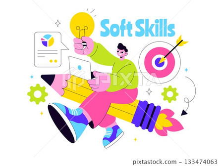 Office Workers Demonstrating Soft Skills Vector Illustration Such as Empathy, Communication, Idea Development, Teamwork, and Professional Growth 133474063