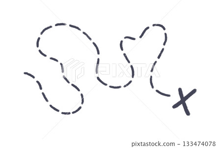 Old pirate treasure map. Dashed line and X sign on map. Path to treasure and gold location. Old pirate letter. Vector illustration isolated on white background 133474078