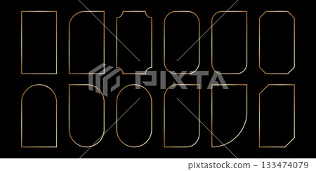 Thin golden frame set in art deco style. Luxury line rectangle and arch gold borders. Brass glowing shiny boarder element pack for photocard. Vector illustration isolated on black background 133474079