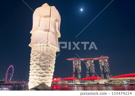 Moonlit Merlion and red-lit Marina Bay Sands, Singapore 133474224