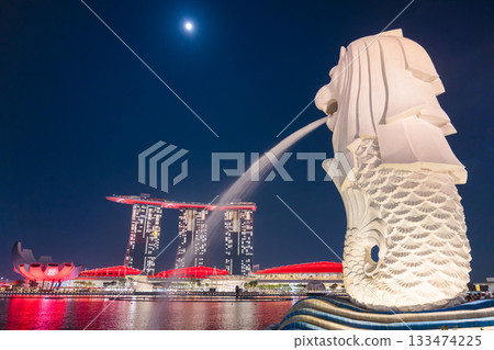 Moonlit Merlion and red-lit Marina Bay Sands, Singapore 133474225