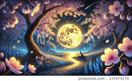 Fantasy illustration of a fox standing in a fantastical landscape of cherry blossom trees illuminated by a golden full moon and a night sky shining with meteors 133474270
