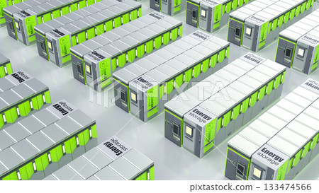 Group of energy storage systems or battery container units isometric Group of energy storage systems or battery container units isometric 133474566