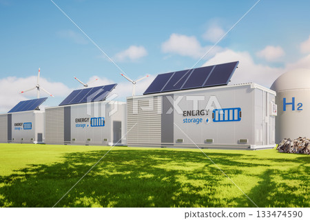 Group of energy storage systems or battery container units with various sources of energy 133474590