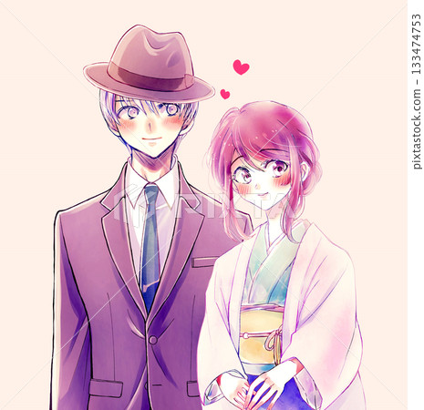 A woman in a kimono and a man in a suit embracing each other: Love 133474753