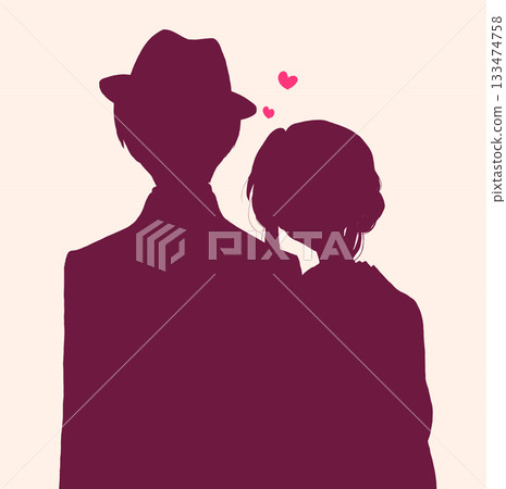 A woman in a kimono and a man in a suit embracing each other, love, silhouette 133474758