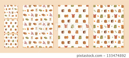 Rustic kraft gift box seamless pattern with ribbon and bow. Present and package pattern as xmas craft collection for festive background, holiday wrapping, seasonal decor concept. 133474892
