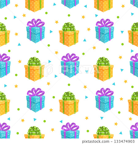 Cartoon present box seamless pattern. Gift boxes with ribbon and bow create a playful surprise. Perfect for birthday party wrapping, colorful and festive style. Cartoon present box seamless pattern. Gift boxes with ribbon and bow create a playful surprise. Perfect for birthday party wrapping, colorful and festive style. 133474903