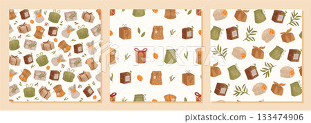Rustic kraft gift box seamless pattern set, flat green package and present design set. Christmas craft box with rustic pattern, natural set for holiday paper or decor, modern creative background. 133474906