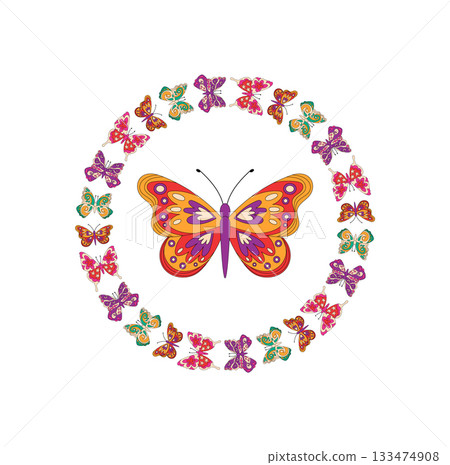 Groovy y2k butterfly design in a funky border with a colorful circle pattern frame. Graphic art shows retro style and modern pop look, perfect for bold prints and vibrant contemporary 133474908