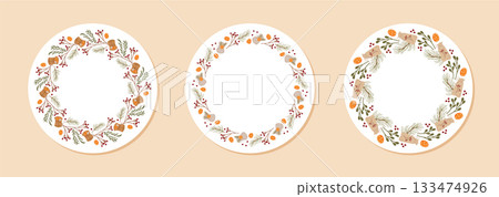 Set of flat round wreath decoration with xmas garland and branch, pine and berry in circle. Christmas box kraft gift in ornament style, natural decor for rustic winter holiday concepts. 133474926
