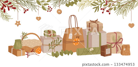 Vintage kraft gift box flat design style. Present and package with ribbon, branch and berry detail in green on horizontal background. Xmas design, rustic inspiration, festive holiday art, seasonal Vintage kraft gift box flat design style. Present and package with ribbon, branch and berry detail in green on horizontal background. Xmas design, rustic inspiration, festive holiday art, seasonal 133474953