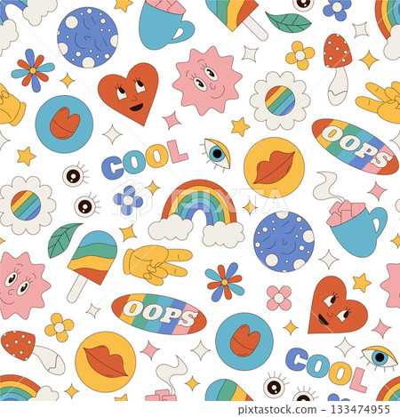 Groovy retro seamless pattern in a playful style with colorful heart, flower and rainbow forms. Fun background and y2k vibe create unique pattern for cheerful wallpaper creative project use. Groovy retro seamless pattern in a playful style with colorful heart, flower and rainbow forms. Fun background and y2k vibe create unique pattern for cheerful wallpaper creative project use. 133474955
