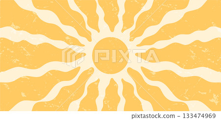 Groovy retro sun burst orange background with sunshine ray and burst sun. Yellow texture and grungy y2k style present. Horizontal format, creative abstract pattern for design or poster use. 133474969