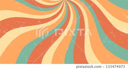 Retro groovy sun burst swirl pattern forms an orange burst with sunshine effect and a distinct y2k vibe. Grunge and grungy texture, with sun background elements in a bold horizontal layout perfect for 133474973