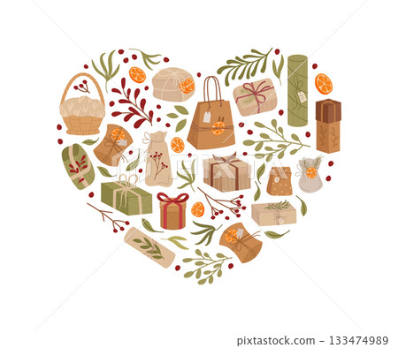 Vintage kraft heart gift box in flat style. Nature present with green berry and holiday craft, perfect for graphic or print usage in eco festive concepts. 133474989