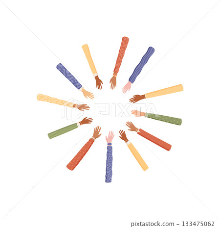 Colorful multicultural hands in a flat style form a symbolic circle. People from diverse backgrounds join together as team, conveying themes of solidarity, unity, and mutual support. Colorful multicultural hands in a flat style form a symbolic circle. People from diverse backgrounds join together as team, conveying themes of solidarity, unity, and mutual support. 133475062