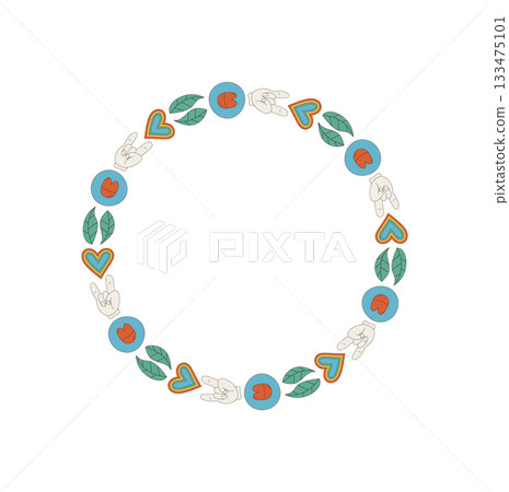 Groovy retro sticker circle border with colorful heart and hand, hippie peace motif pattern. Vibrant y2k accent in playful style, perfect as a decorative art element or creative label. Groovy retro sticker circle border with colorful heart and hand, hippie peace motif pattern. Vibrant y2k accent in playful style, perfect as a decorative art element or creative label. 133475101
