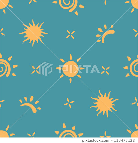 Seamless flat sunscreen bottle sun pattern. Sunblock bottle and summer skin protection in a spf logo style. Pattern creates sunblock seamless background for sunscreen or summer product use. 133475128