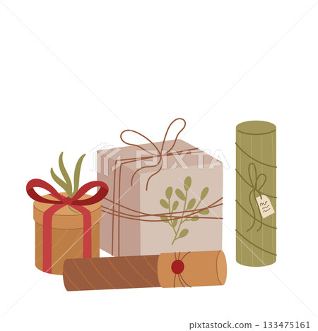Trendy kraft gift box composition in modern craft style with eco package and ribbon. Present in natural colors and Christmas decor create a festive, sustainable holiday concept for premium graphic Trendy kraft gift box composition in modern craft style with eco package and ribbon. Present in natural colors and Christmas decor create a festive, sustainable holiday concept for premium graphic 133475161