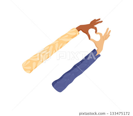 Colorful diverse hands form a heart. Two arms symbolize love, support, and solidarity. Unity, community, and multicultural connection theme in flat abstract style, ideal for social concepts. 133475172