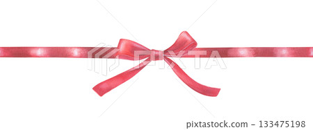 Long seamless border with a red bow on a ribbon. Watercolor illustration of a holiday decor. Hand drawn vintage sketch on white isolated background. Water color painting art image. 133475198