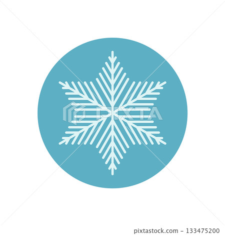 Blue circle label with a snow flake icon in white line style. Icy winter decoration and cold holiday accent make it ideal for christmas or box packaging. Modern seasonal design with a simple 133475200