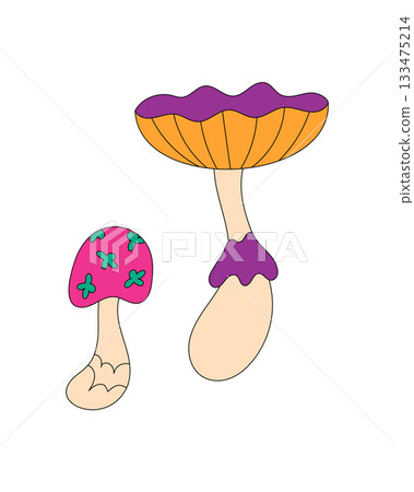 Groovy retro psychedelic cartoon mushroom with colorful pink cap stands as a fun groovy element. This fantasy shroom displays a trippy style in bold y2k colors, perfect for creative projects and 133475214