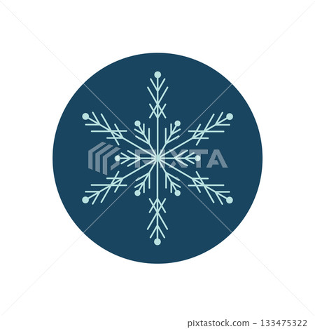 Winter snow flake line icon in blue and white on a round label. Frozen element with cold decoration and circle shape as christmas seal for package. Simple style ideal for holiday product. 133475322