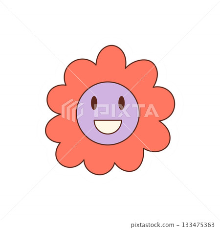 Cute Groovy y2k flower sticker with happy smile and funky cartoon color. Vibrant and colorful retro groovy element, cheerful fun symbol for playful decor or positive patch accent, modern style. 133475363