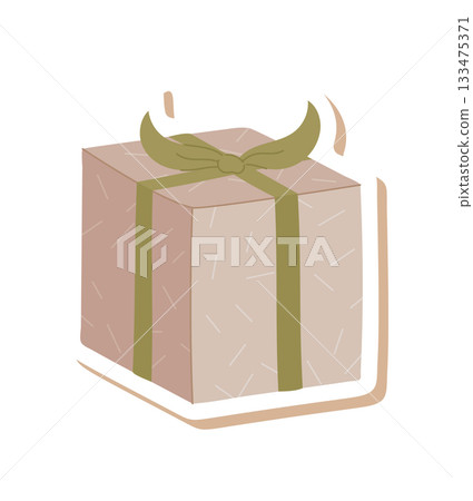 Rustic flat box with green ribbon and kraft bow sticker. Present as an eco gift sticker, christmas decor and holiday present, perfect for nature inspired green packaging. 133475371