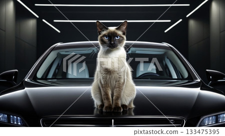 Cat sits elegantly on the hood of a sleek car in a modern garage setting 133475395